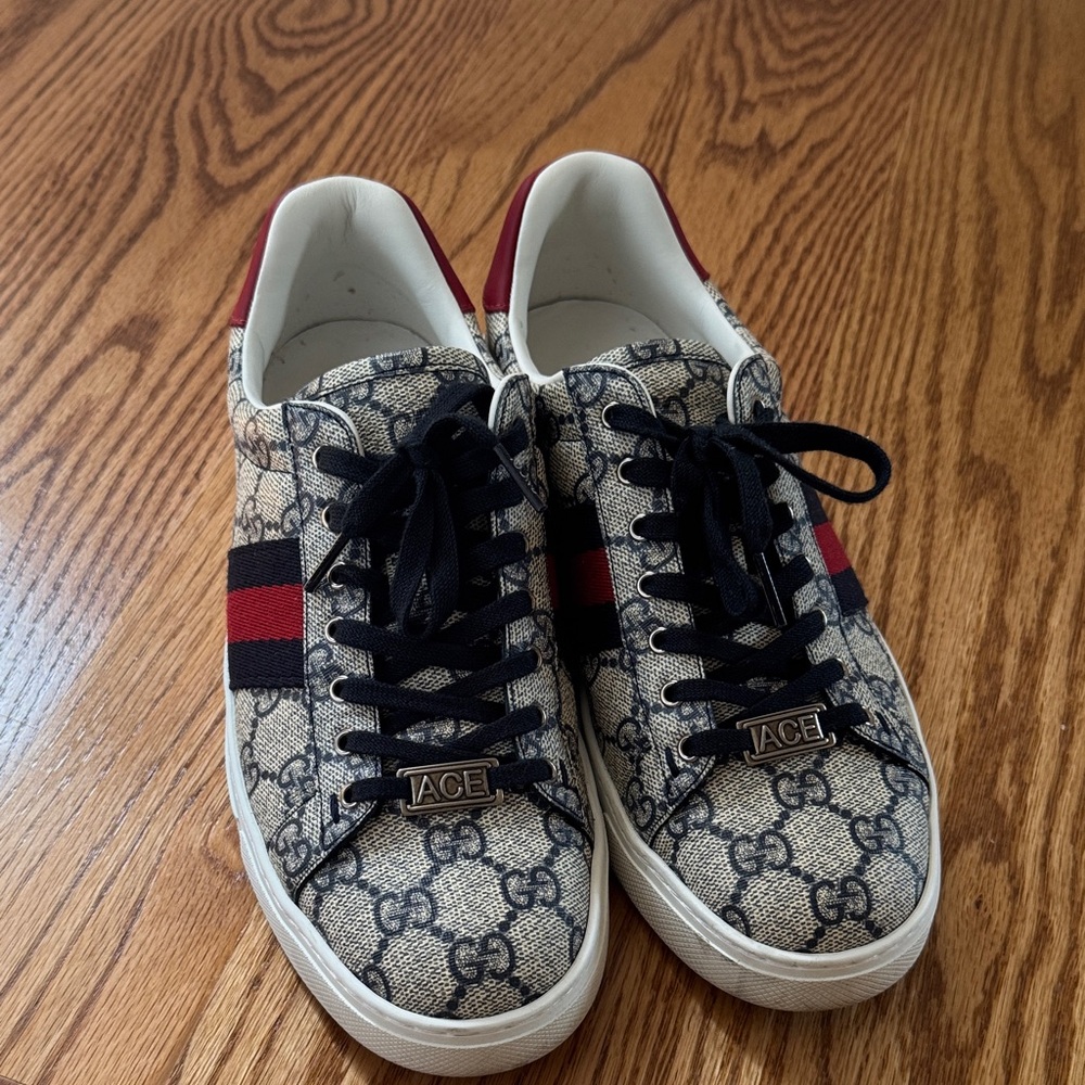 Gucci GG Canvas Ace Sneakers with Navy & Red stripe